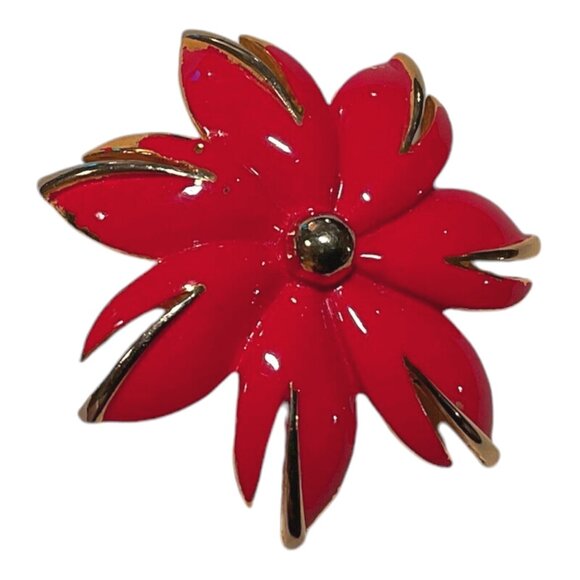 Vintage Red Enamel Christmas Holiday Poinsettia Flower Brooch Gold Tone Pin 2” - Picture 2 of 4